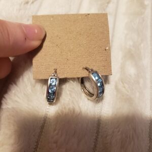 Unique Vintage Silver Hoop Earrings with Blue Gem Accents